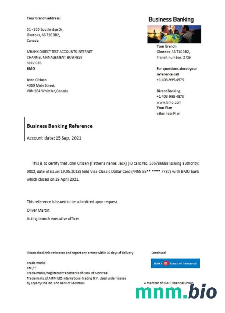Przykład odniesienia do zamknięcia Canada BMO Bank of Montreal w formatach Word i PDF
